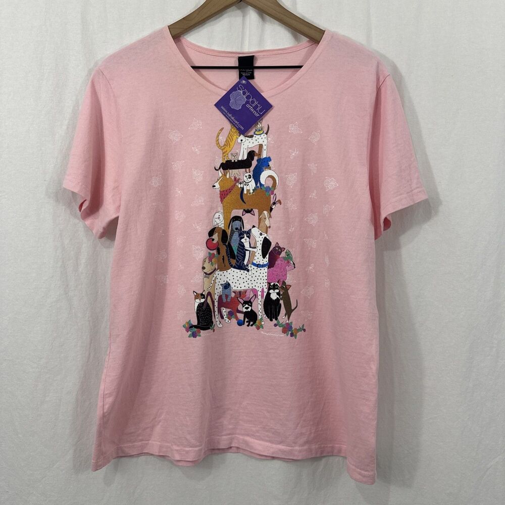 Sabaku Artwear Pink Puppy Dog Cats Graphic Short Sleeve Shirt Womens Sz M USA